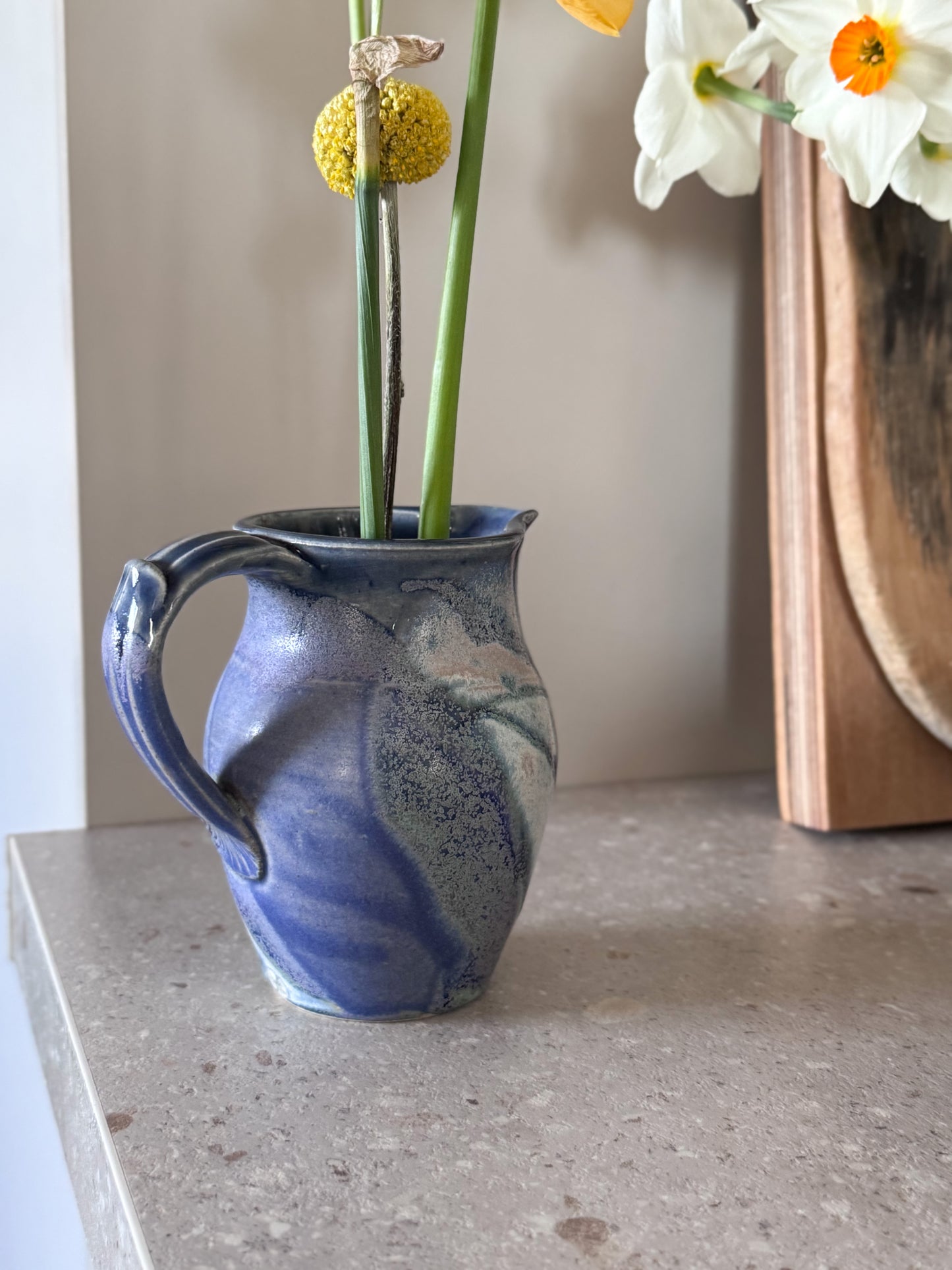 Vintage Studio Pottery Blue Drip Glaze Jug with Shell Seal