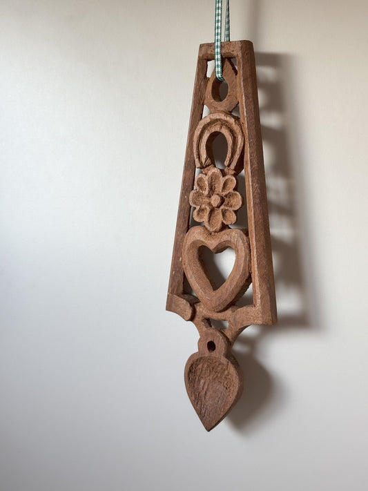 Hand-Carved Welsh Love Spoon • Flower & Horseshoe