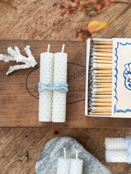 Hand-Rolled Beeswax Candle Pair with Pale Blue Ribbon