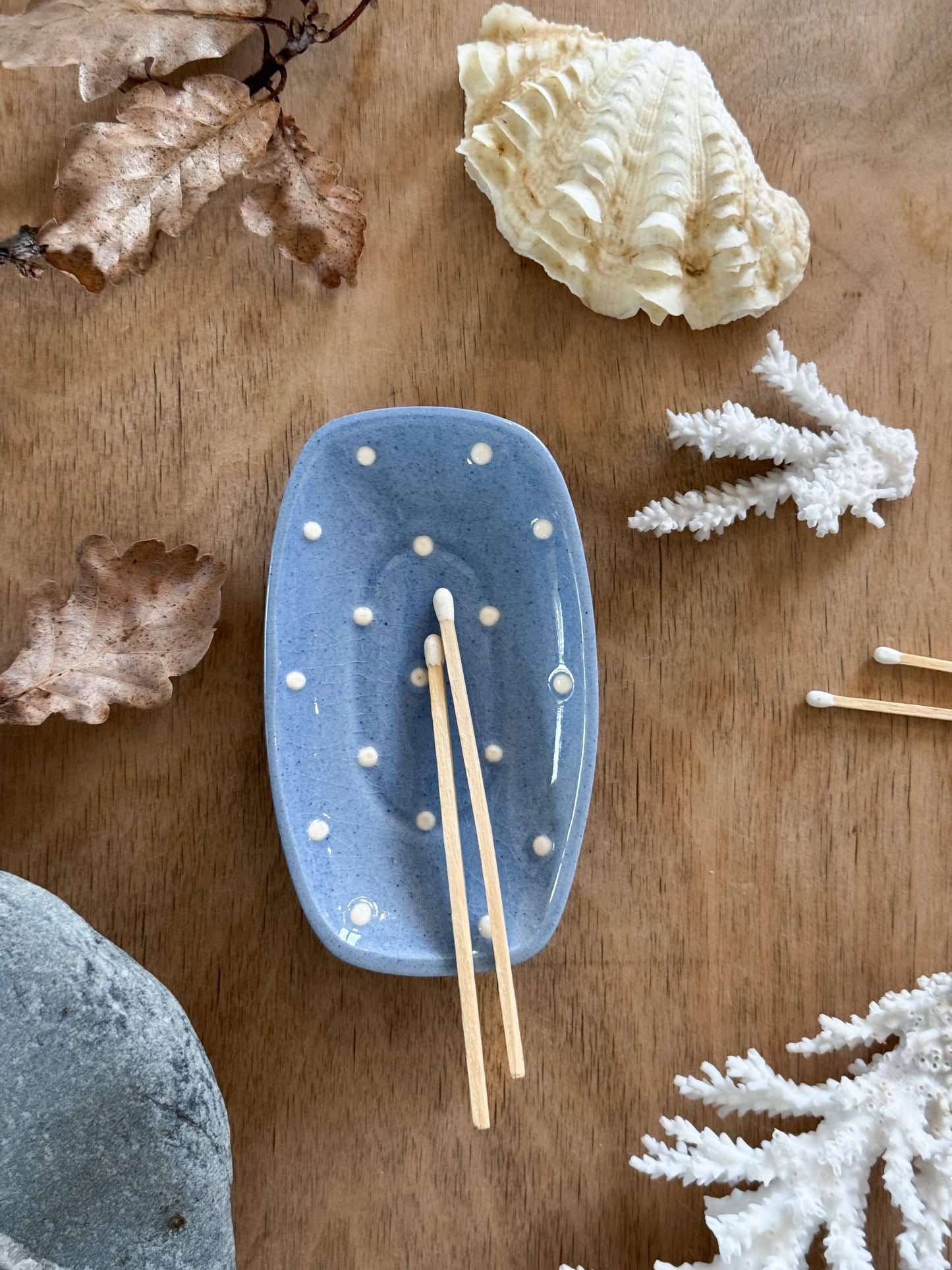 Vintage Soft Blue Slipware Polka Dot Studio Pottery Trinket Dish