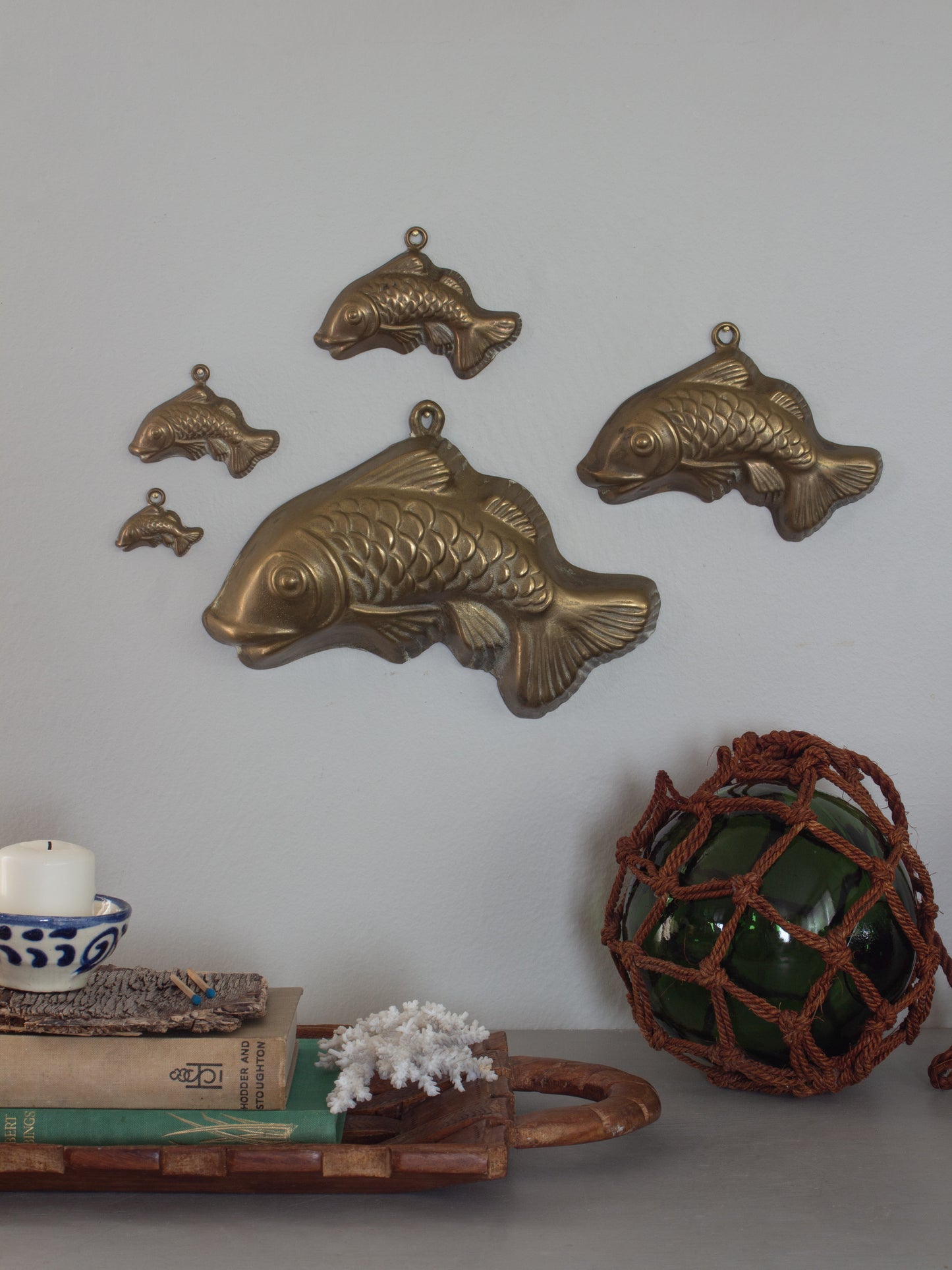 Vintage Solid Brass School of Five Wall-Mounted Fish