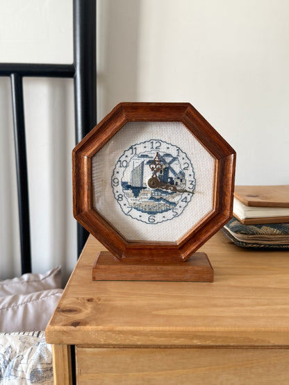 Vintage Handmade Folk Art Clock with Embroidered Seaside Scene