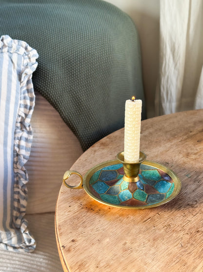 Vintage Solid Brass Enamel Chamberstick with Geometric Design