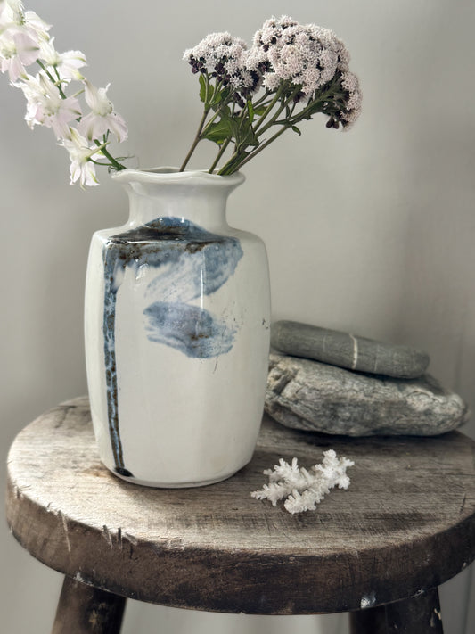 Vintage Studio Pottery Vase with Watercolour Blue Brushwork & Ruffled Rim