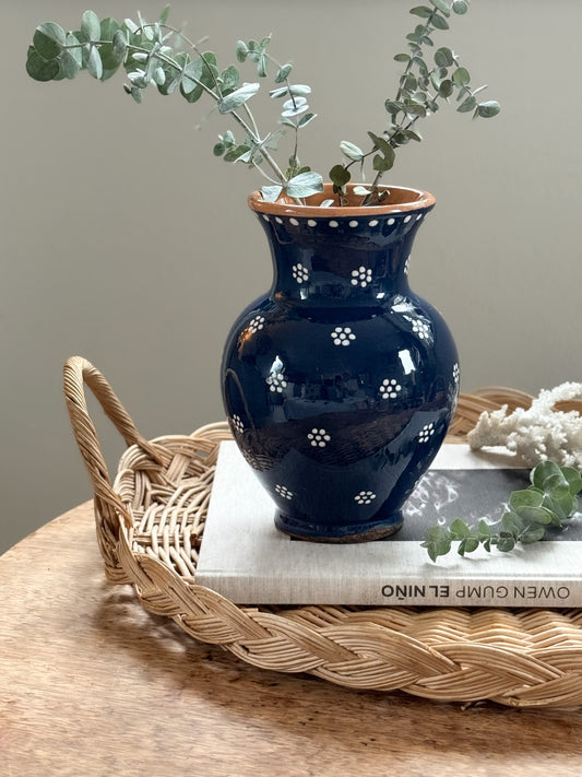 Vintage German Studio Pottery Vase - Deep Blue Slipware with Hand-Painted Flowers