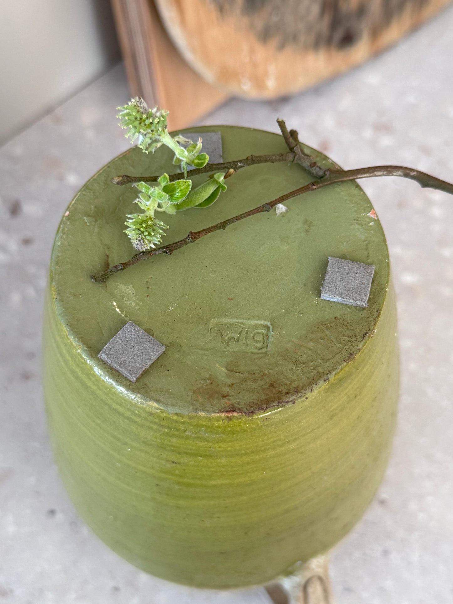 Late 20th Century Studio Pottery Olive Green Handled Vase, Textured Glaze, WLG Seal