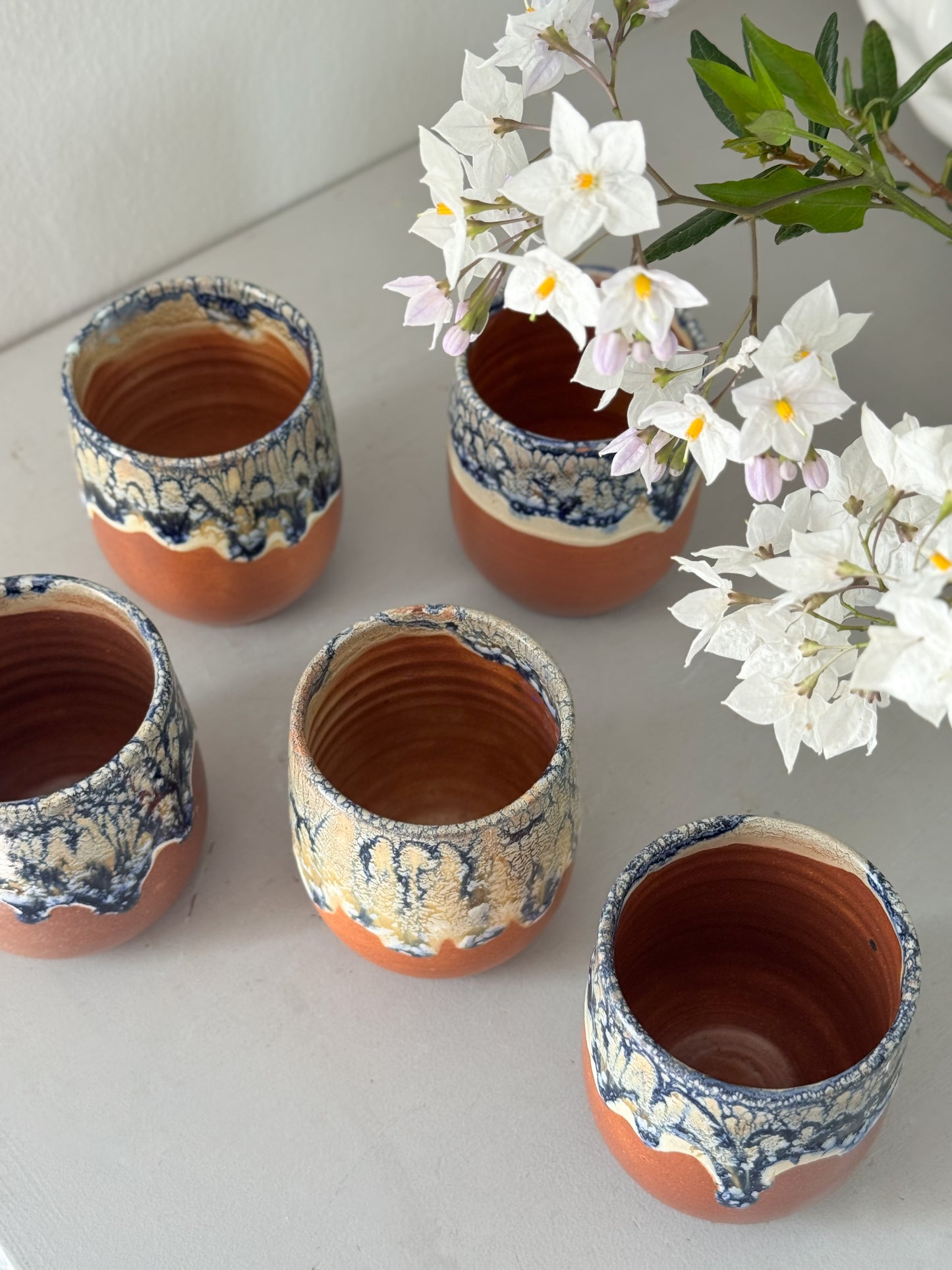 Set of 5 Vintage Studio Pottery Drip Glaze Tumblers