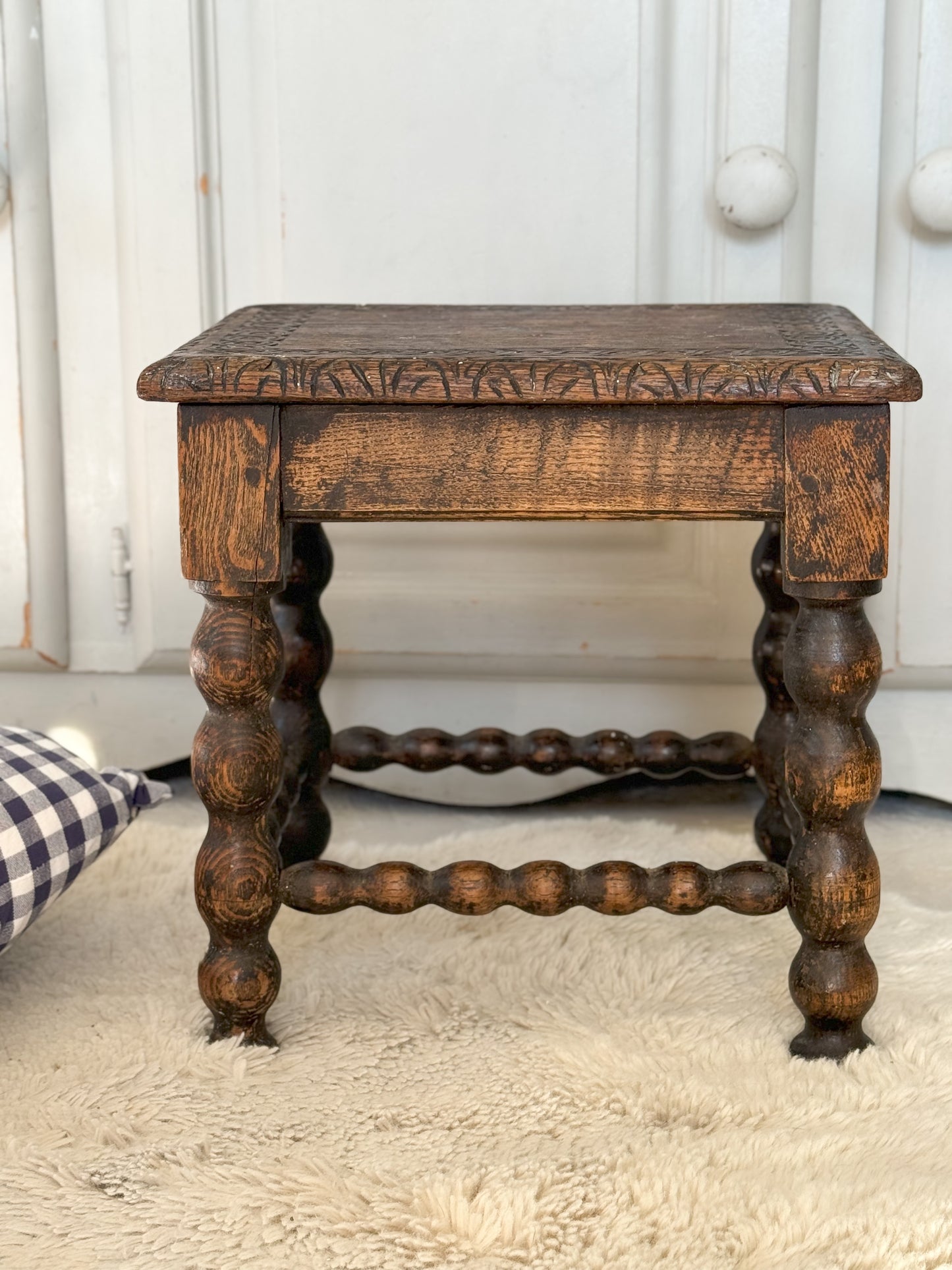 Antique Carved Solid Oak Bobbin Stool | Side Table