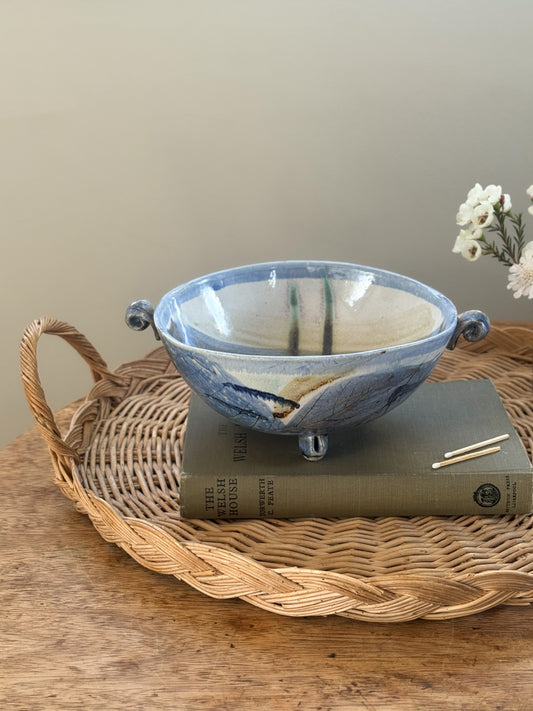 Vintage Abstract Blue Studio Pottery Footed Bowl - Signed AJ