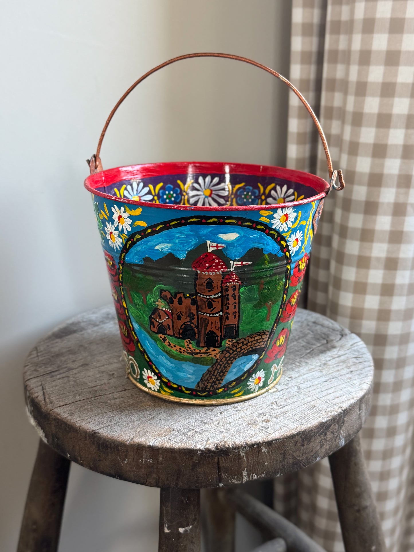 Vintage Hand-Painted Toleware Bucket - Folk Art Treasure