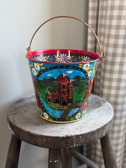 Vintage Hand-Painted Toleware Bucket - Folk Art Treasure