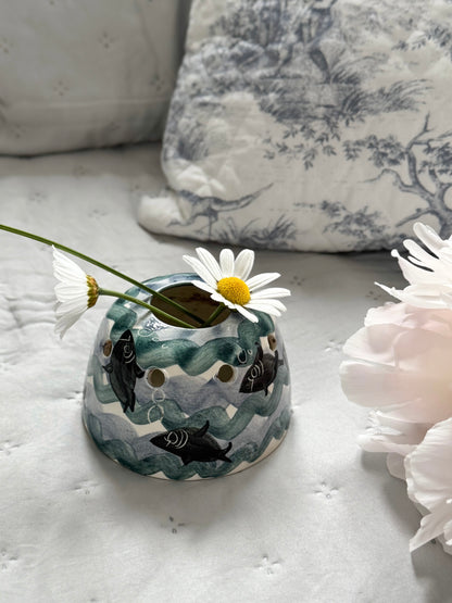 Vintage Studio Pottery Fish Motif Flower Frog, Isle of Man Pottery