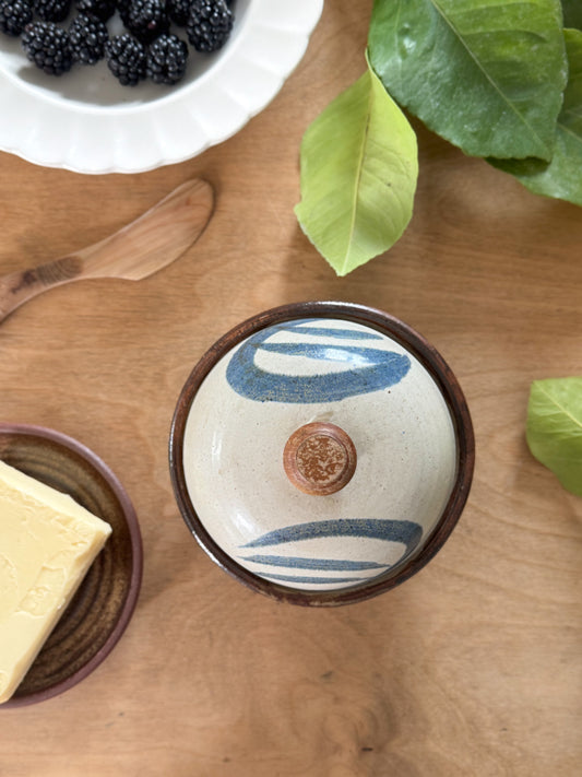 Handmade Studio Pottery Butter Dish with Wooden Handle