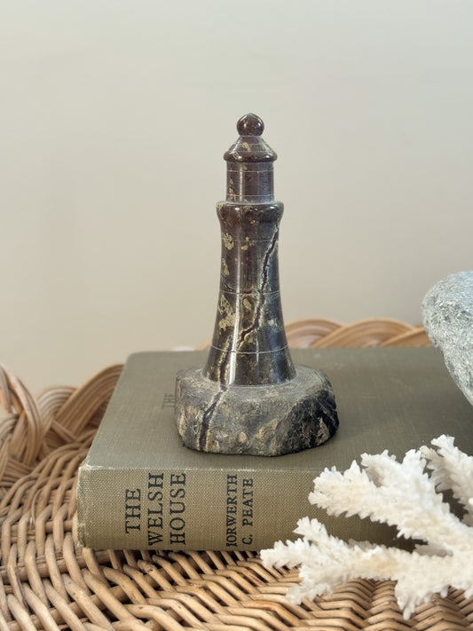 Vintage Hand-Carved Marble Lighthouse on Natural Stone Base
