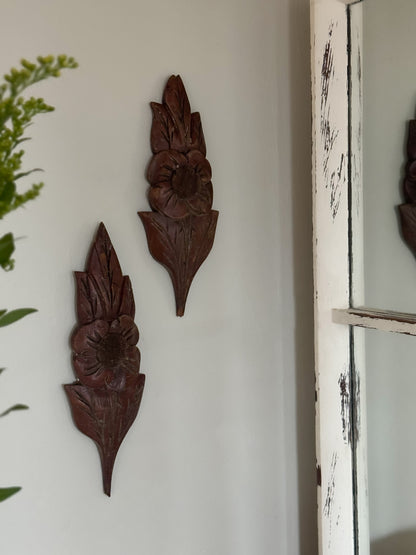 Pair of Vintage Hand-Carved Wooden Flowers