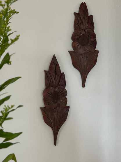 Pair of Vintage Hand-Carved Wooden Flowers