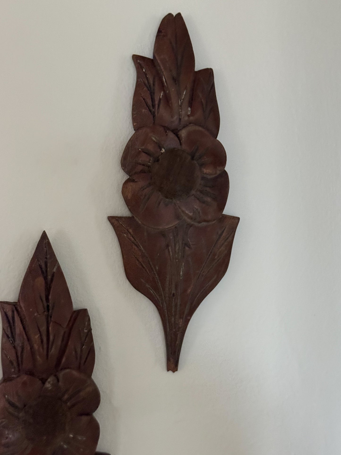 Pair of Vintage Hand-Carved Wooden Flowers