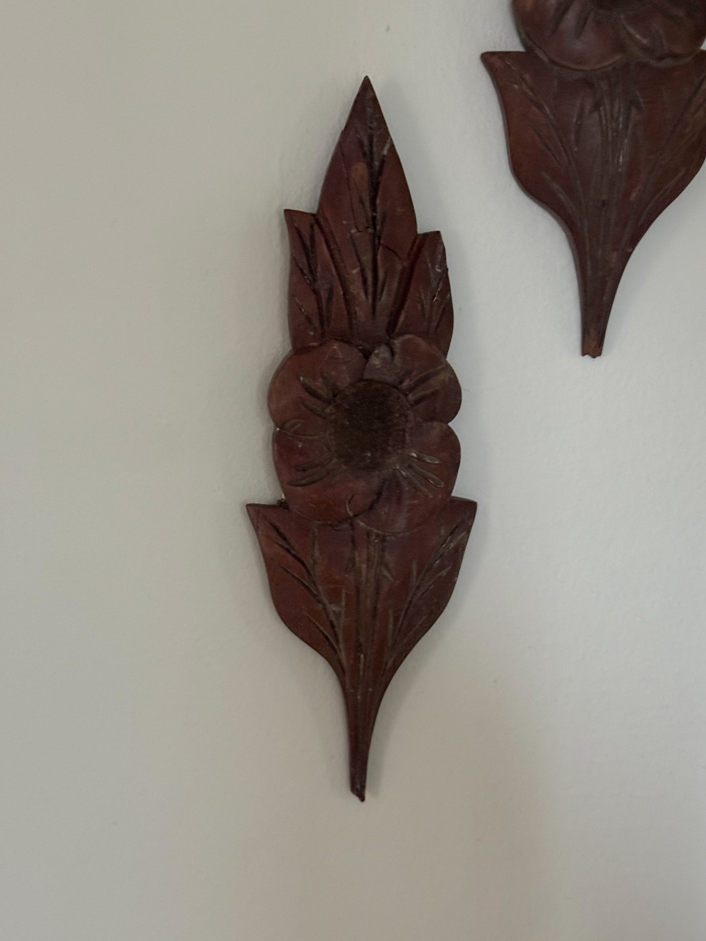 Pair of Vintage Hand-Carved Wooden Flowers