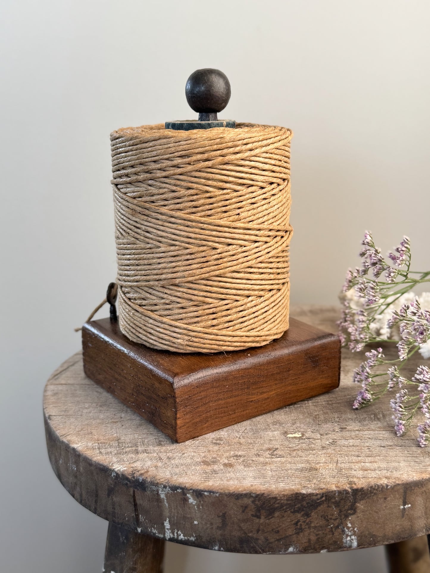 Handmade Wood and Iron Twine Stand with Antique Key & Upholsterer’s Thread