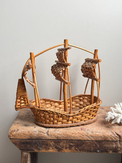 Vintage Handmade Wicker Sailing Ship