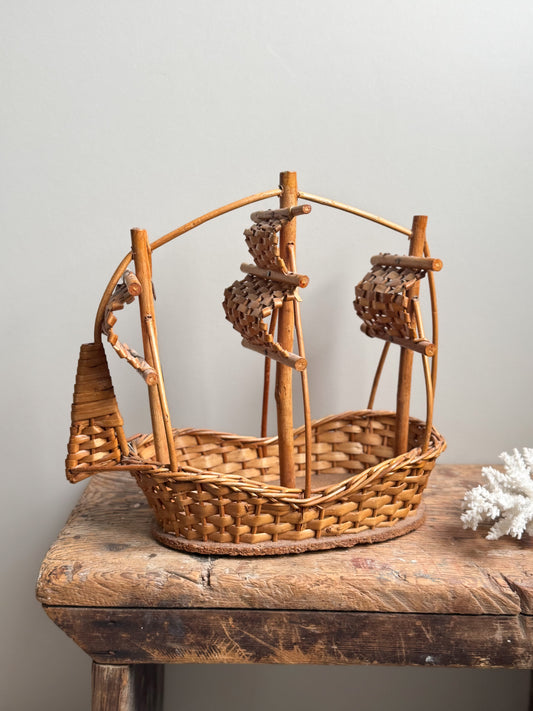 Vintage Handmade Wicker Sailing Ship