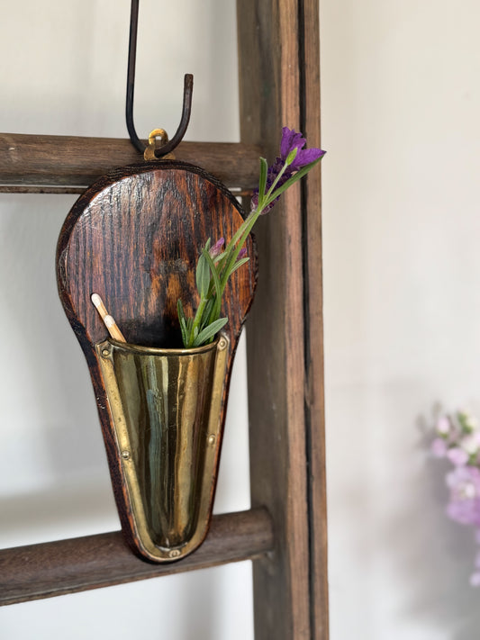 Antique Handmade Wood & Brass Wall Pocket