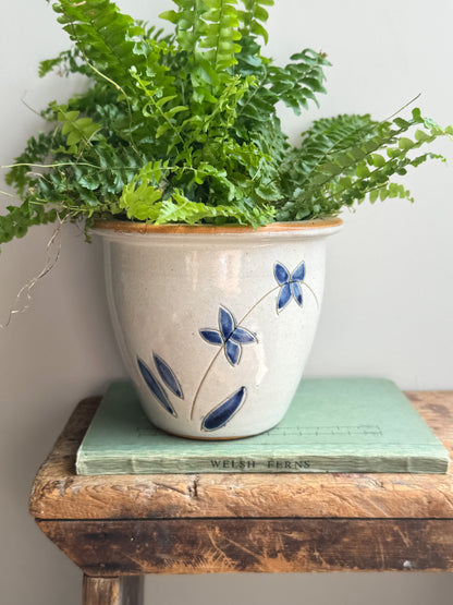 Vintage Handmade Glazed Terracotta Planter with Blue Floral Design