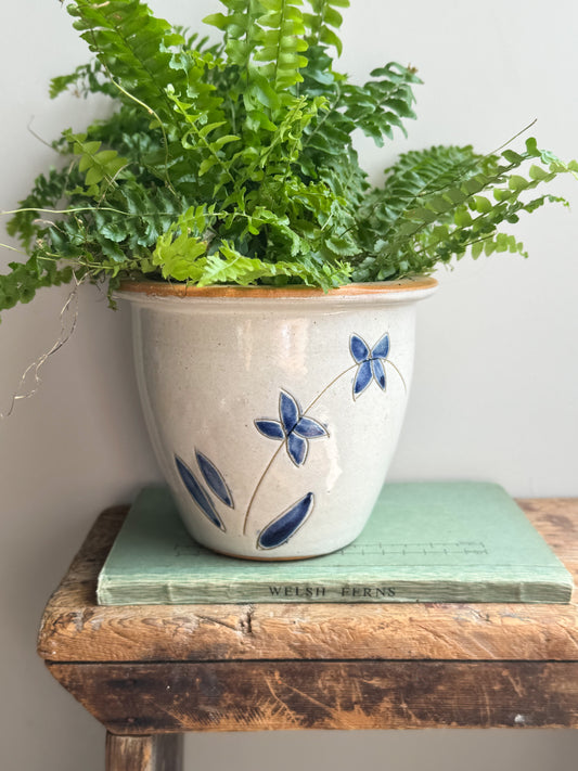 Vintage Handmade Glazed Terracotta Planter with Blue Floral Design