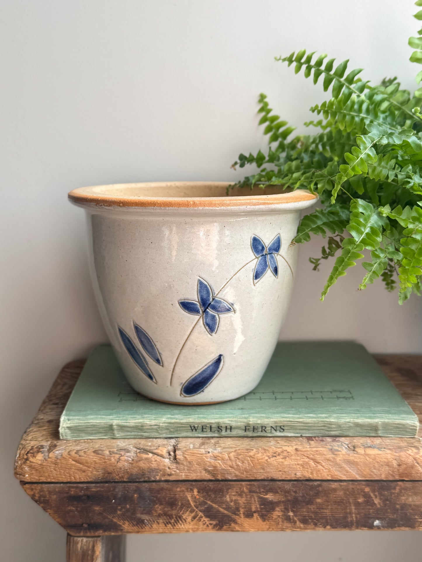 Vintage Handmade Glazed Terracotta Planter with Blue Floral Design
