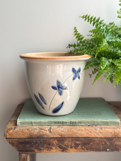 Vintage Handmade Glazed Terracotta Planter with Blue Floral Design