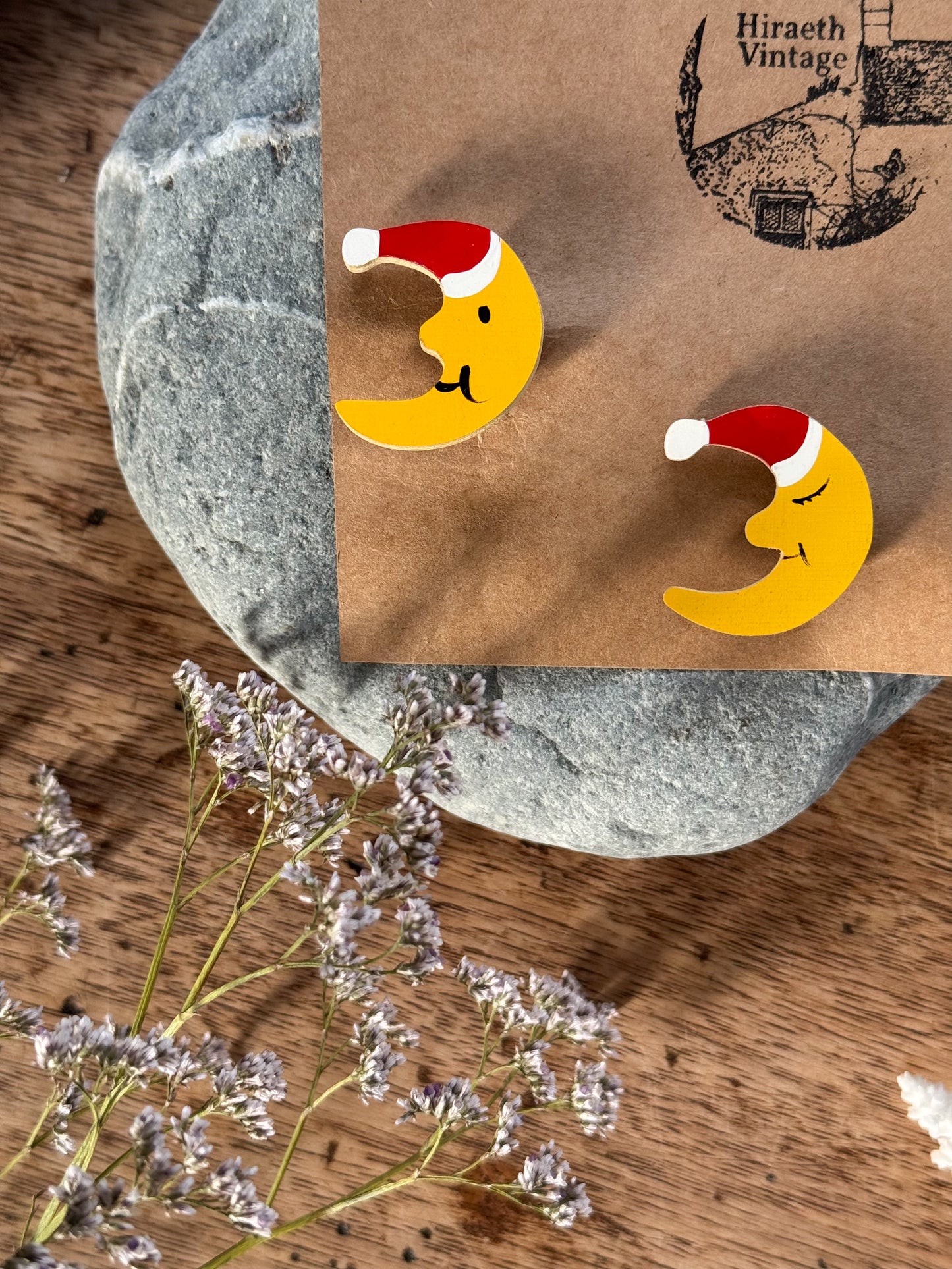 Vintage Handmade Wooden ‘Christmas Moons’ Pin Badges (Pair)