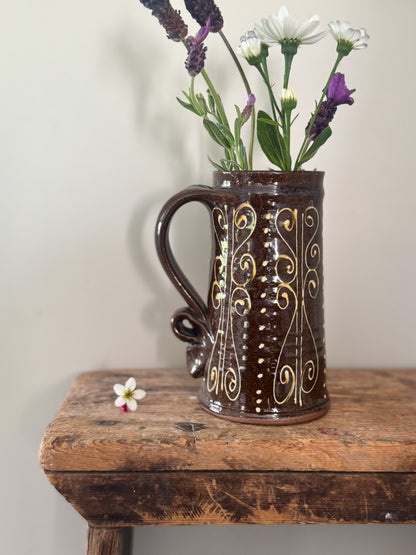 Rare Peter Currell Brown Slipware Motto Jug – “Be Merry and Careful”