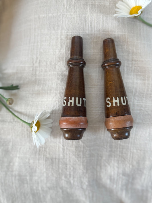Antique 1920s/30s Hand-Turned Wooden Light Pulls – ‘SHUT’ (Pair)