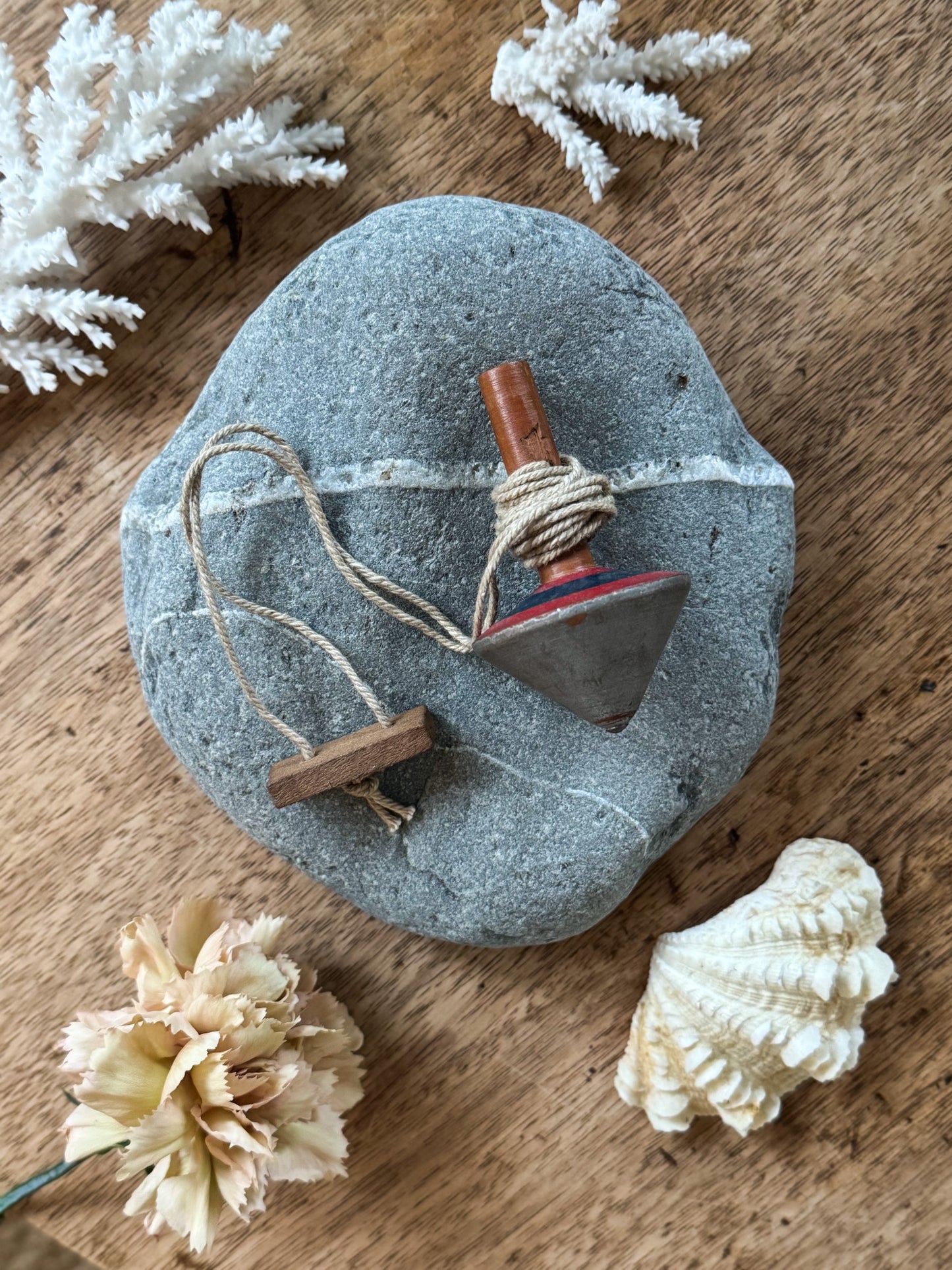 Vintage Handmade Wooden Spinning Top with String