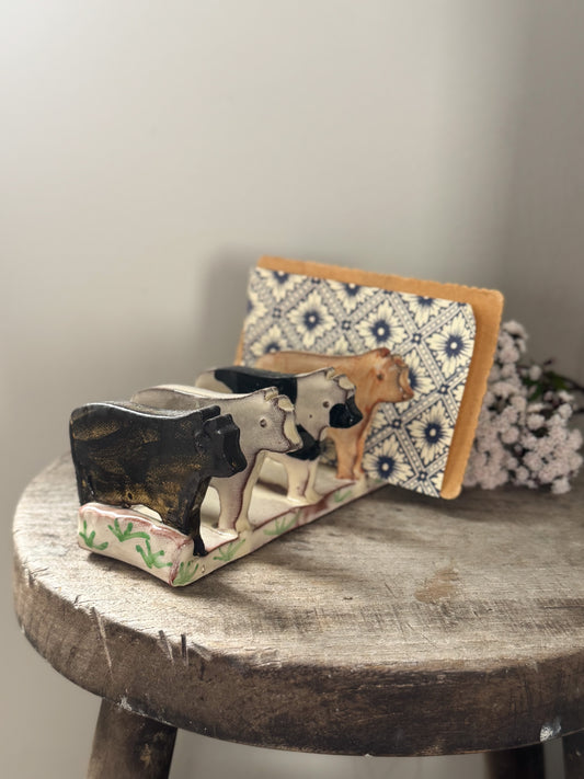Studio Pottery Slipware ‘Cows’ Letter Rack by Heather Swain, Cornwall