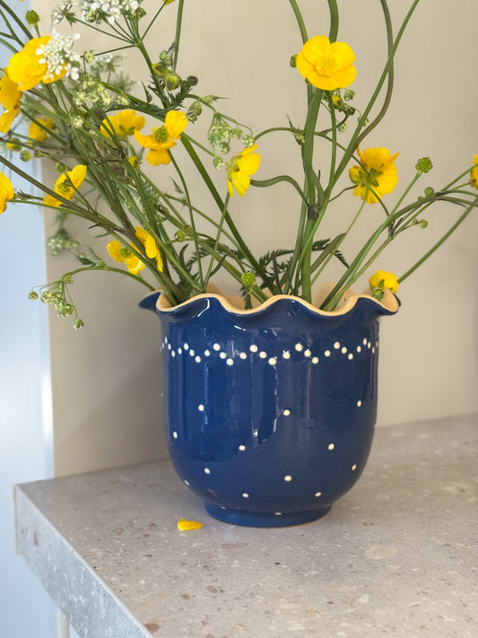 Contemporary Echt Bürgel Studio Pottery Vase – Blue Polka Dot Scalloped Rim