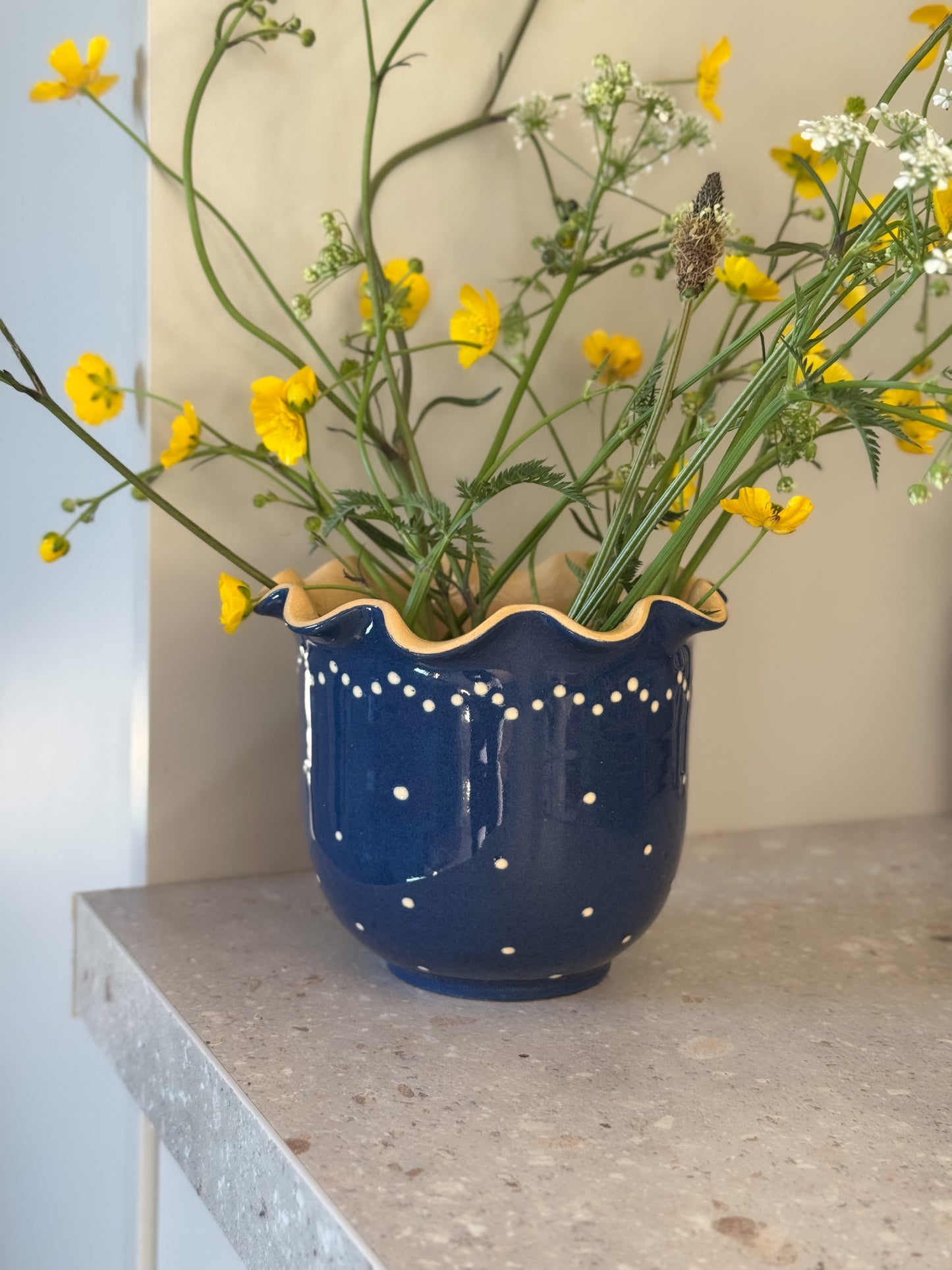 Contemporary Echt Bürgel Studio Pottery Vase – Blue Polka Dot Scalloped Rim