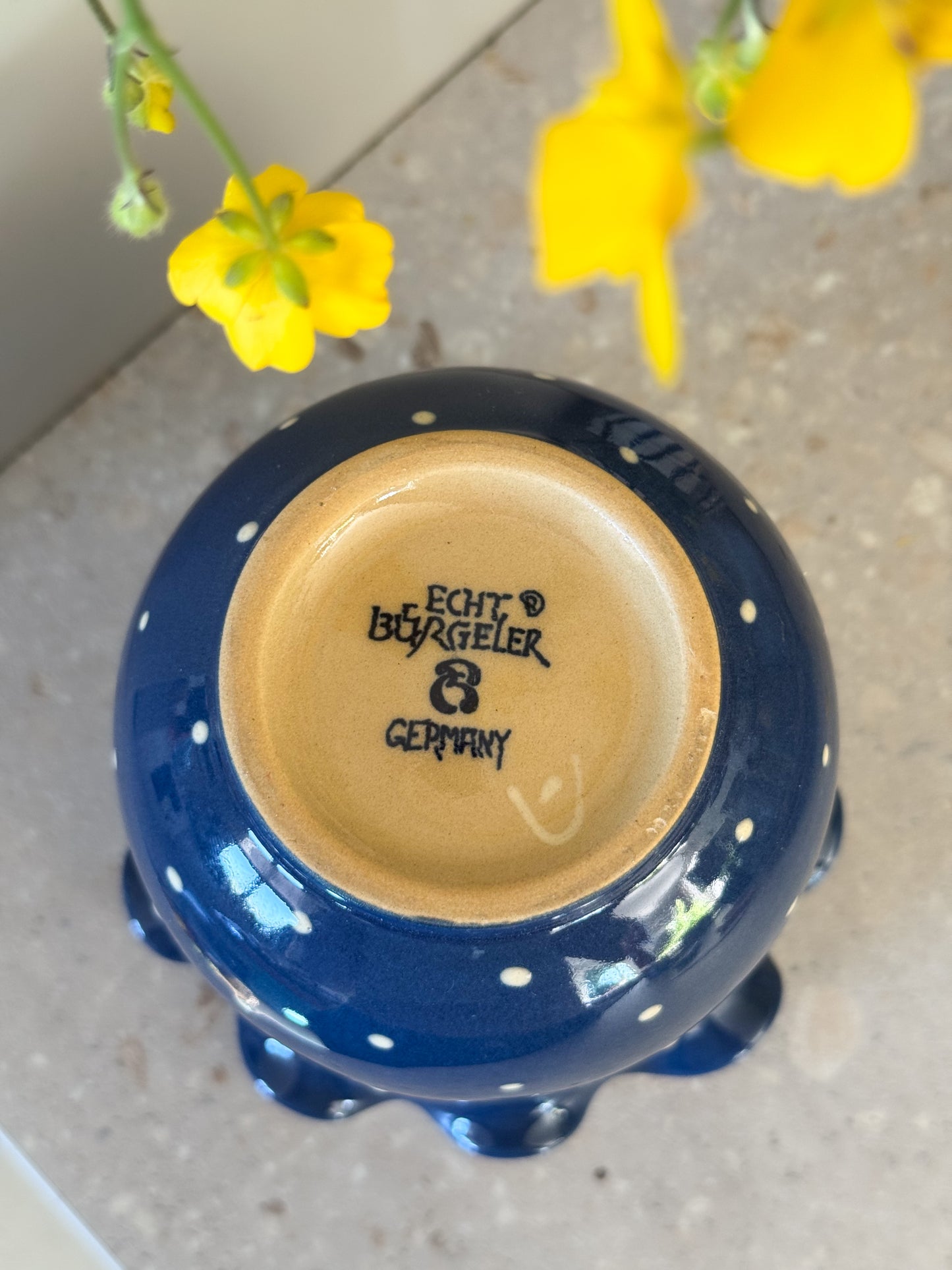 Contemporary Echt Bürgel Studio Pottery Vase – Blue Polka Dot Scalloped Rim