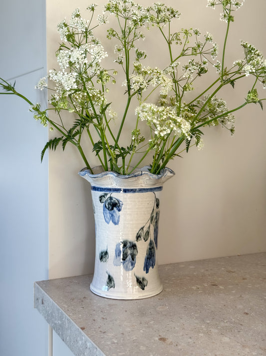 Rare German Studio Pottery Vase – Hand-Painted Blue Florals with Scalloped Rim