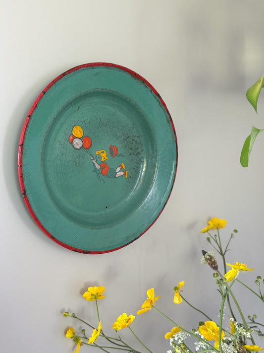 Vintage Hand-Painted Tin Plate – Girl with Balloons Folk Art