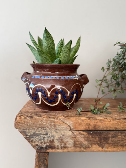 Vintage German Folk Pottery Planter with Blue Dot Motif