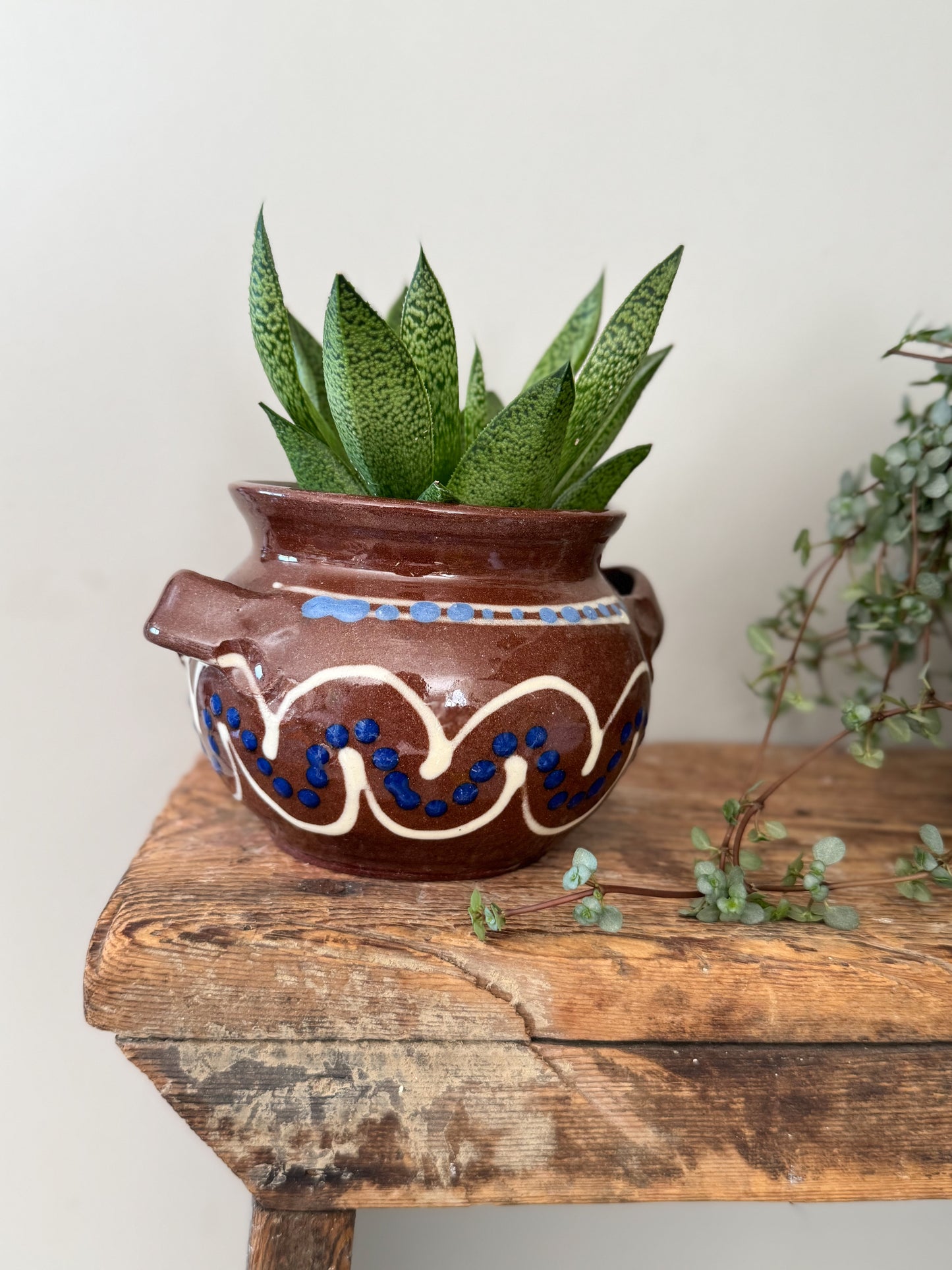 Vintage German Folk Pottery Planter with Blue Dot Motif