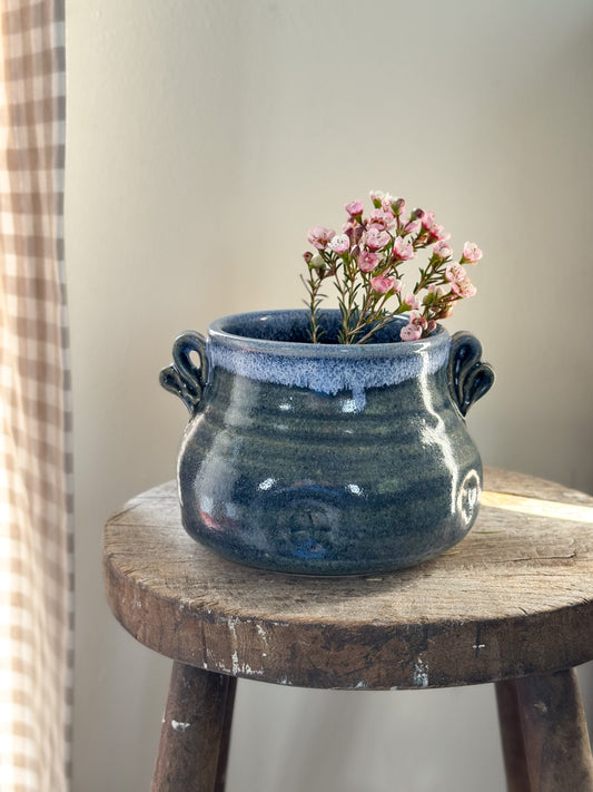 Vintage Studio Pottery Blue Drip Glaze Pinched Pot – Signed JL