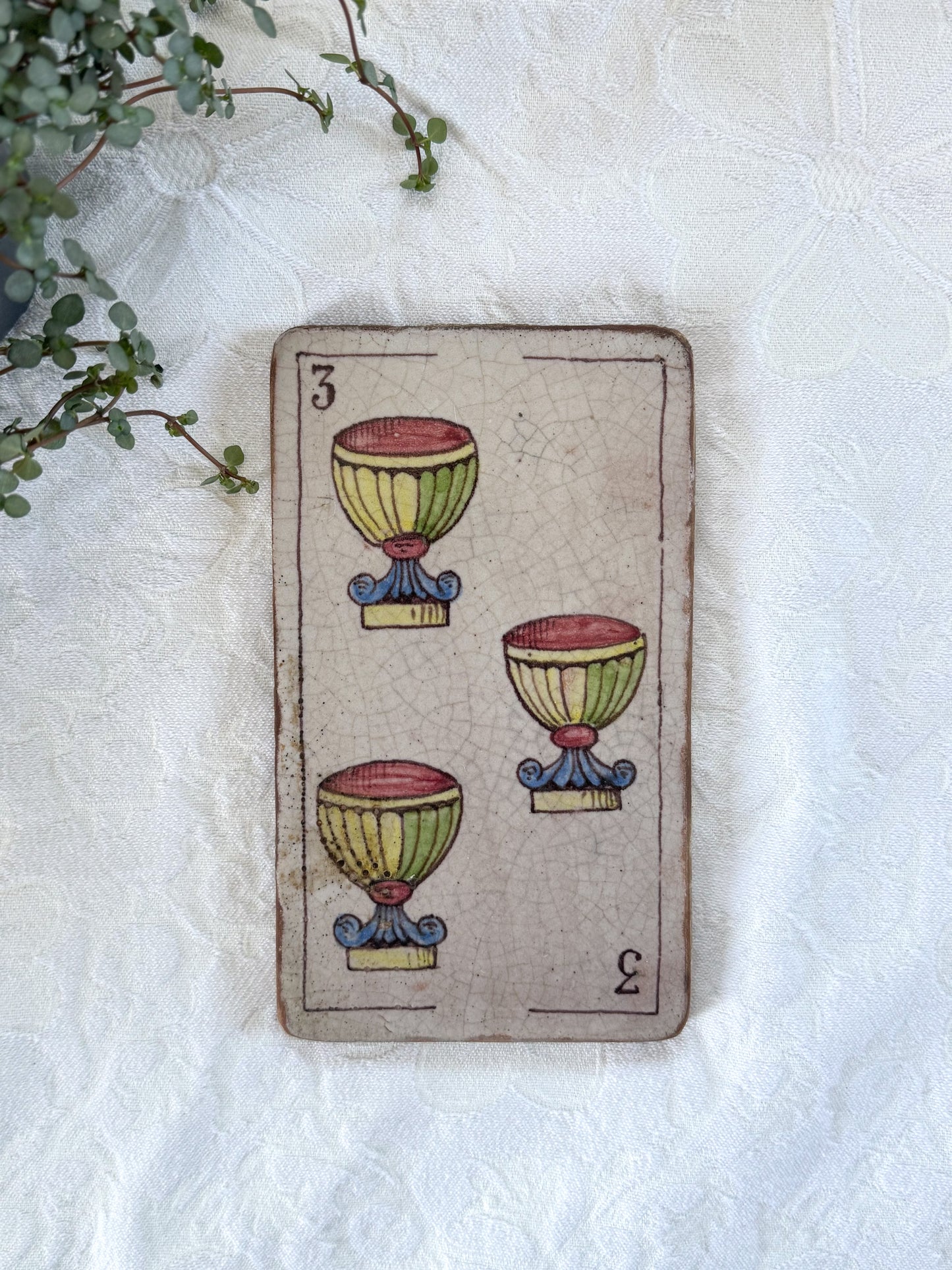 Rare Antique Hand-Painted Tile — Three of Cups (c.1910, Charlottenburg)