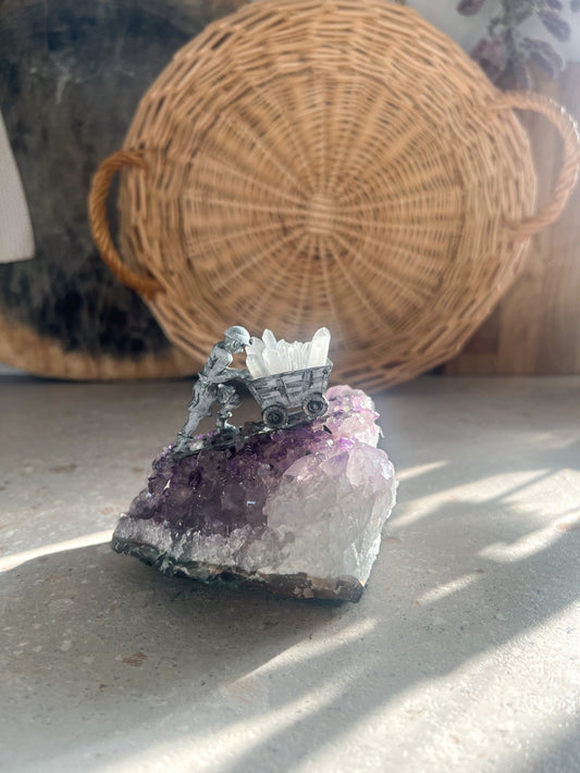 Natural Amethyst Specimen with Hand-Carved Pewter Miner