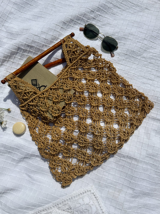 Vintage 1970s Macramé Shopper with Dark Wooden Handles