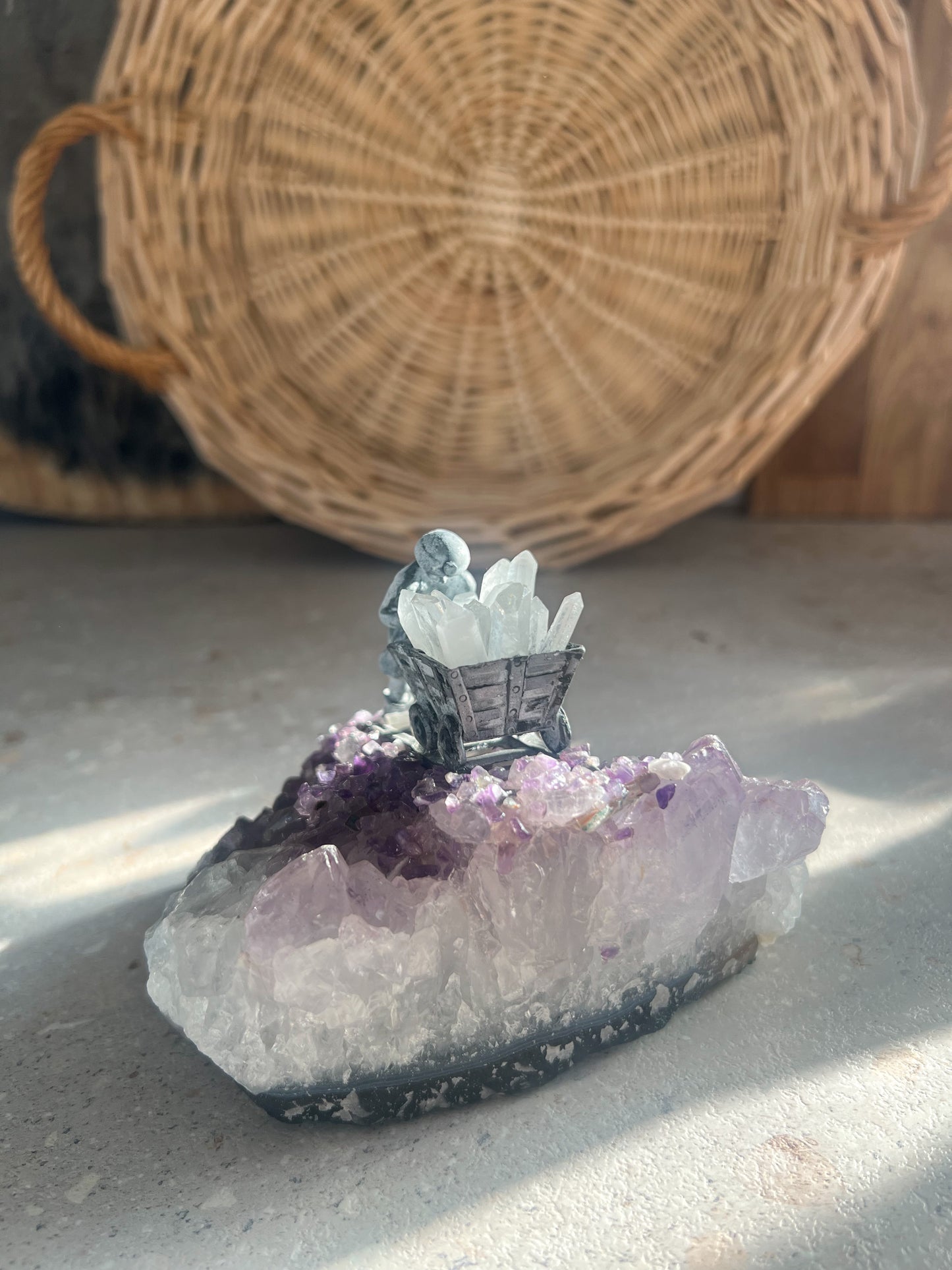Natural Amethyst Specimen with Hand-Carved Pewter Miner