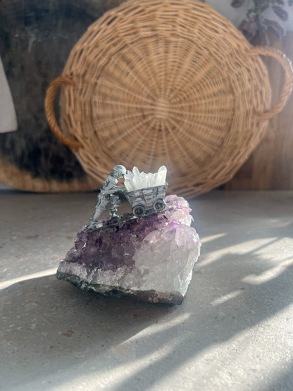 Natural Amethyst Specimen with Hand-Carved Pewter Miner
