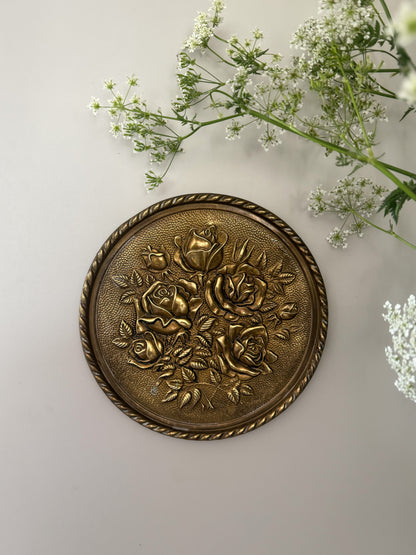 Vintage Brass Wall Plate – Raised Rose Motif