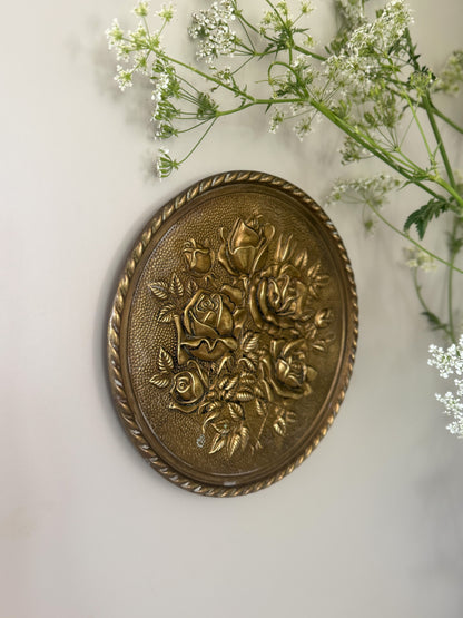 Vintage Brass Wall Plate – Raised Rose Motif